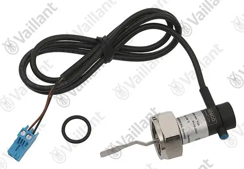 Strömungsschalter von Vaillant mit einem langen Kabel, blauer Steckverbinder, O-Ring und Montagehilfe. Geeignet für den Einsatz in Heizungsanlagen.